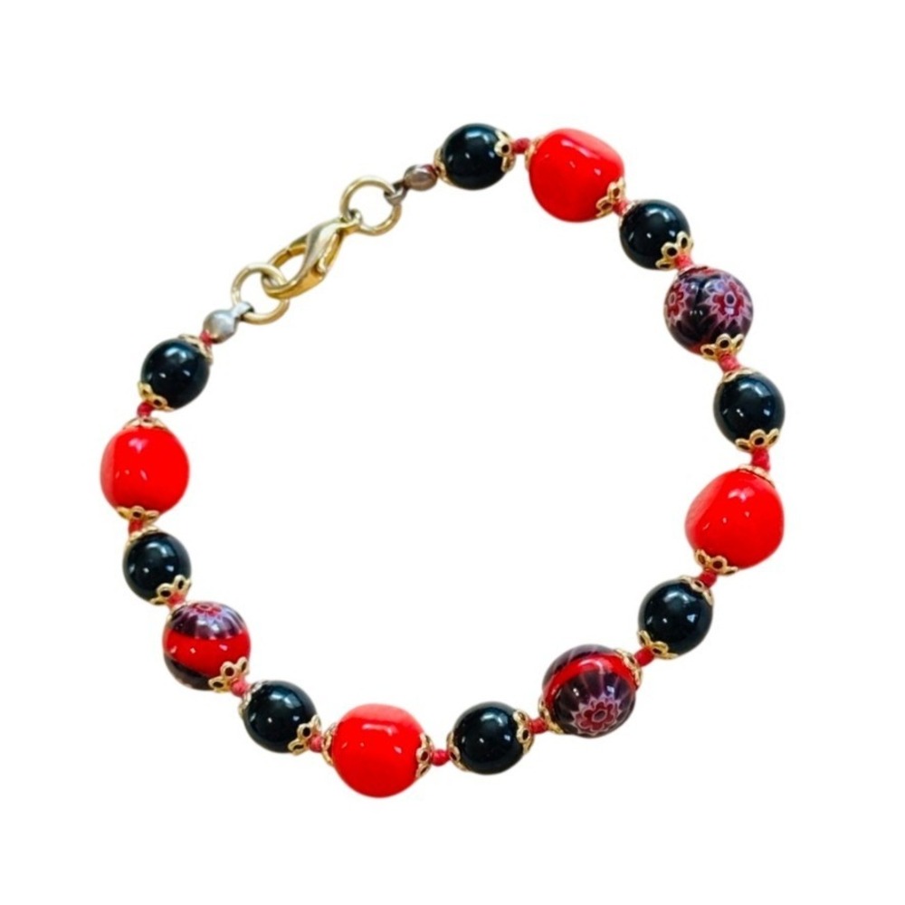 VTG Bracelet Murano Venetian Millefiori Art Glass Red Black Estate Filigree 8"